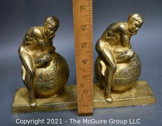 Two (2) Vintage Atlas Thinkers on World Globe Bronze Bookends