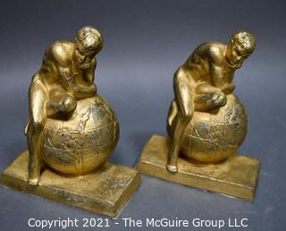 Two (2) Vintage Atlas Thinkers on World Globe Bronze Bookends