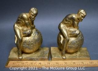 Two (2) Vintage Atlas Thinkers on World Globe Bronze Bookends