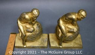 Two (2) Vintage Atlas Thinkers on World Globe Bronze Bookends