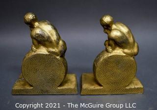 Two (2) Vintage Atlas Thinkers on World Globe Bronze Bookends