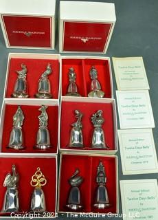 Reed and Barton Silver Plated 12 Days Of Christmas Mini Bell Set, In Original Boxes with Paperwork. 