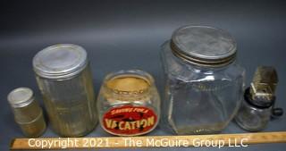 Group of Vintage Glass Canisters, Savings Bank and Grinder.  Bank Missing Lid.