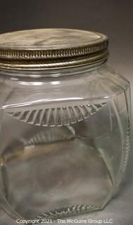 Group of Vintage Glass Canisters, Savings Bank and Grinder.  Bank Missing Lid.