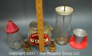 Group of Glass Kitchen Items Including Dispensers and Savings Bank. 