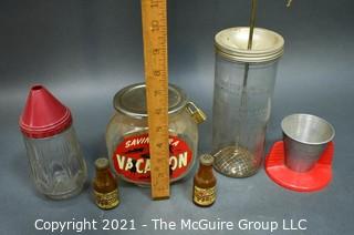 Group of Glass Kitchen Items Including Dispensers and Savings Bank. 