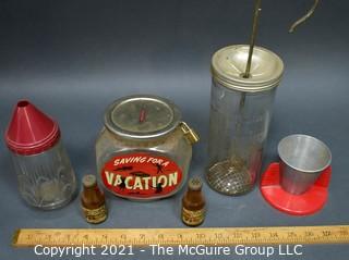 Group of Glass Kitchen Items Including Dispensers and Savings Bank. 