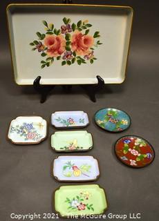 Group of Trays and Dishes Including Hand Painted Tole Tray, Enamel Painted Pin Dishes and Small Cloisonne Bowls. 