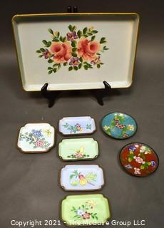 Group of Trays and Dishes Including Hand Painted Tole Tray, Enamel Painted Pin Dishes and Small Cloisonne Bowls. 