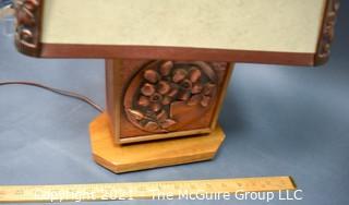 Mid Century Carved Wood Table Lamp with Matching Shade. 