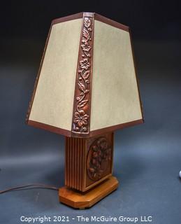 Mid Century Carved Wood Table Lamp with Matching Shade. 