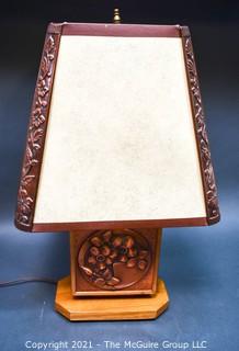 Mid Century Carved Wood Table Lamp with Matching Shade. 