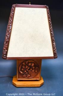 Mid Century Carved Wood Table Lamp with Matching Shade. 