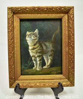 Gilt Framed Original Oil on Board Painting of Cat Signed by Artist.   Measures 13" x 16".