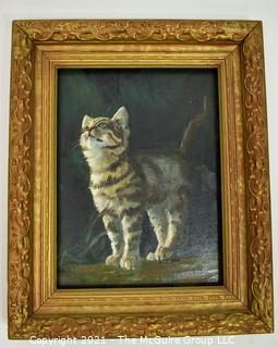 Gilt Framed Original Oil on Board Painting of Cat Signed by Artist.   Measures 13" x 16".