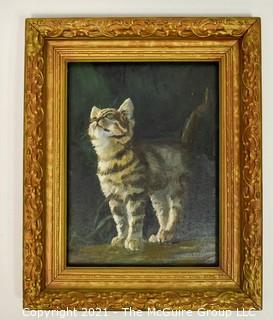 Gilt Framed Original Oil on Board Painting of Cat Signed by Artist.   Measures 13" x 16".