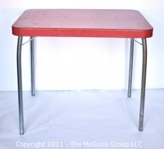 Mid Century Red Metal Table with Chrome Legs Made by Cosco. 24" x 30" x 34". *