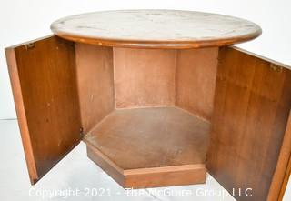 Vintage Mid Century Modern Lane Acclaim Drum Table Designed by Andre Bus with Cabinet in Base. Measures 27″D x 21″T.