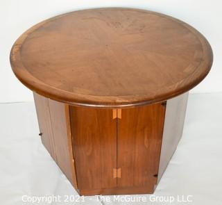 Vintage Mid Century Modern Lane Acclaim Drum Table Designed by Andre Bus with Cabinet in Base. Measures 27″D x 21″T.