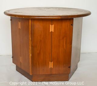 Vintage Mid Century Modern Lane Acclaim Drum Table Designed by Andre Bus with Cabinet in Base. Measures 27″D x 21″T.