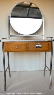 Vintage Art Deco Chrome And Wood Barber Vanity Station or Medical Cabinet with Large Round Mirror and Red Cross Sanitizer Drawer.  Measures 31" Long. *