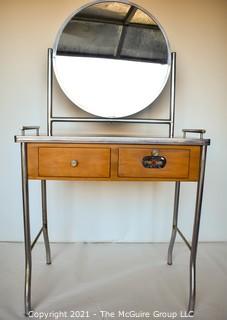 Vintage Art Deco Chrome And Wood Barber Vanity Station or Medical Cabinet with Large Round Mirror and Red Cross Sanitizer Drawer.  Measures 31" Long. *