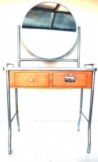 Vintage Art Deco Chrome And Wood Barber Vanity Station or Medical Cabinet with Large Round Mirror and Red Cross Sanitizer Drawer.  Measures 31" Long. *