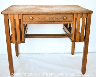 Arts & Crafts Quarter Sawn Mission Oak Desk With Side Shelves And Pullout Writing Surface With Ink Well.  24"W x 36"L x 29"T. *