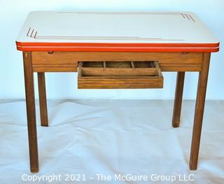 Vintage Red White Enamel Porcelain Expandable Table on Wood Base with Drawer.  