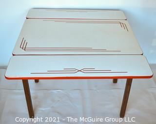 Vintage Red White Enamel Porcelain Expandable Table on Wood Base with Drawer.  