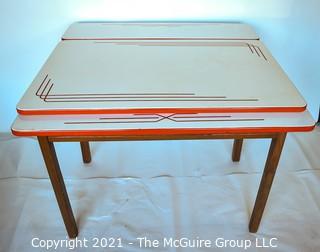 Vintage Red White Enamel Porcelain Expandable Table on Wood Base with Drawer.  