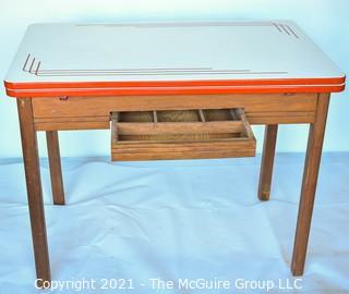 Vintage Red White Enamel Porcelain Expandable Table on Wood Base with Drawer.  