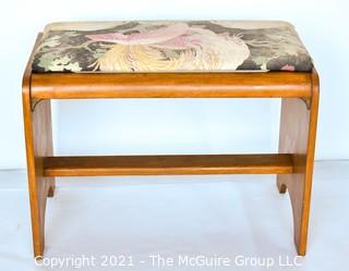 Mid Century Modern Wood Stool or Bench with Barkcloth Upholstered Seat Insert. 