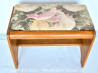 Mid Century Modern Wood Stool or Bench with Barkcloth Upholstered Seat Insert. 