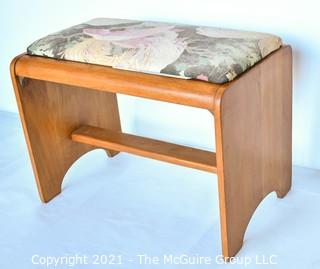 Mid Century Modern Wood Stool or Bench with Barkcloth Upholstered Seat Insert. 