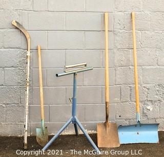 Group of Woodworking, Garden Tools and Hockey Stick. 
