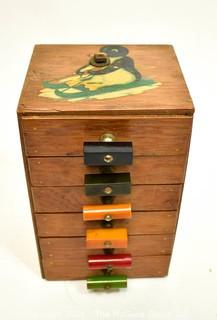 Six (6) Drawer Wood with Bakelite Knobs and Decoupage Decoration Chest. Measures 8" x 5" x 5".