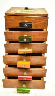 Six (6) Drawer Wood with Bakelite Knobs and Decoupage Decoration Chest. Measures 8" x 5" x 5".