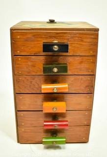 Six (6) Drawer Wood with Bakelite Knobs and Decoupage Decoration Chest. Measures 8" x 5" x 5".