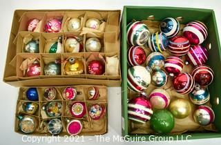 Three (3) Boxes of Vintage Hand Painted Mercury Glass Christmas Ornaments with Stripes and Indents.