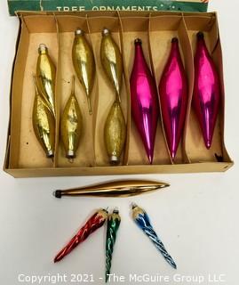 Box of Vintage Mercury Glass Tear Drop & Icicle Shaped Christmas Ornaments.