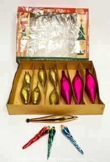 Box of Vintage Mercury Glass Tear Drop & Icicle Shaped Christmas Ornaments.