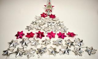 Collection of Vintage Pink & Silver Foil Puffy Star Christmas Ornaments and Plastic Tree Topper. 