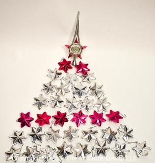 Collection of Vintage Pink & Silver Foil Puffy Star Christmas Ornaments and Plastic Tree Topper. 