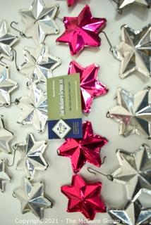 Collection of Vintage Pink & Silver Foil Puffy Star Christmas Ornaments and Plastic Tree Topper. 