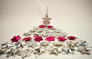 Collection of Vintage Pink & Silver Foil Puffy Star Christmas Ornaments and Plastic Tree Topper. 