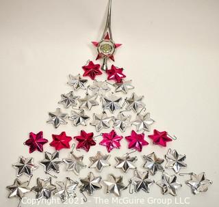 Collection of Vintage Pink & Silver Foil Puffy Star Christmas Ornaments and Plastic Tree Topper. 