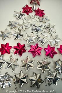 Collection of Vintage Pink & Silver Foil Puffy Star Christmas Ornaments and Plastic Tree Topper. 