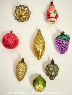 Group of Eight (8) Vintage Mercury Glass Figural Ornaments Including Santa, Fruit and One Beaded Star. 