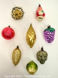 Group of Eight (8) Vintage Mercury Glass Figural Ornaments Including Santa, Fruit and One Beaded Star. 